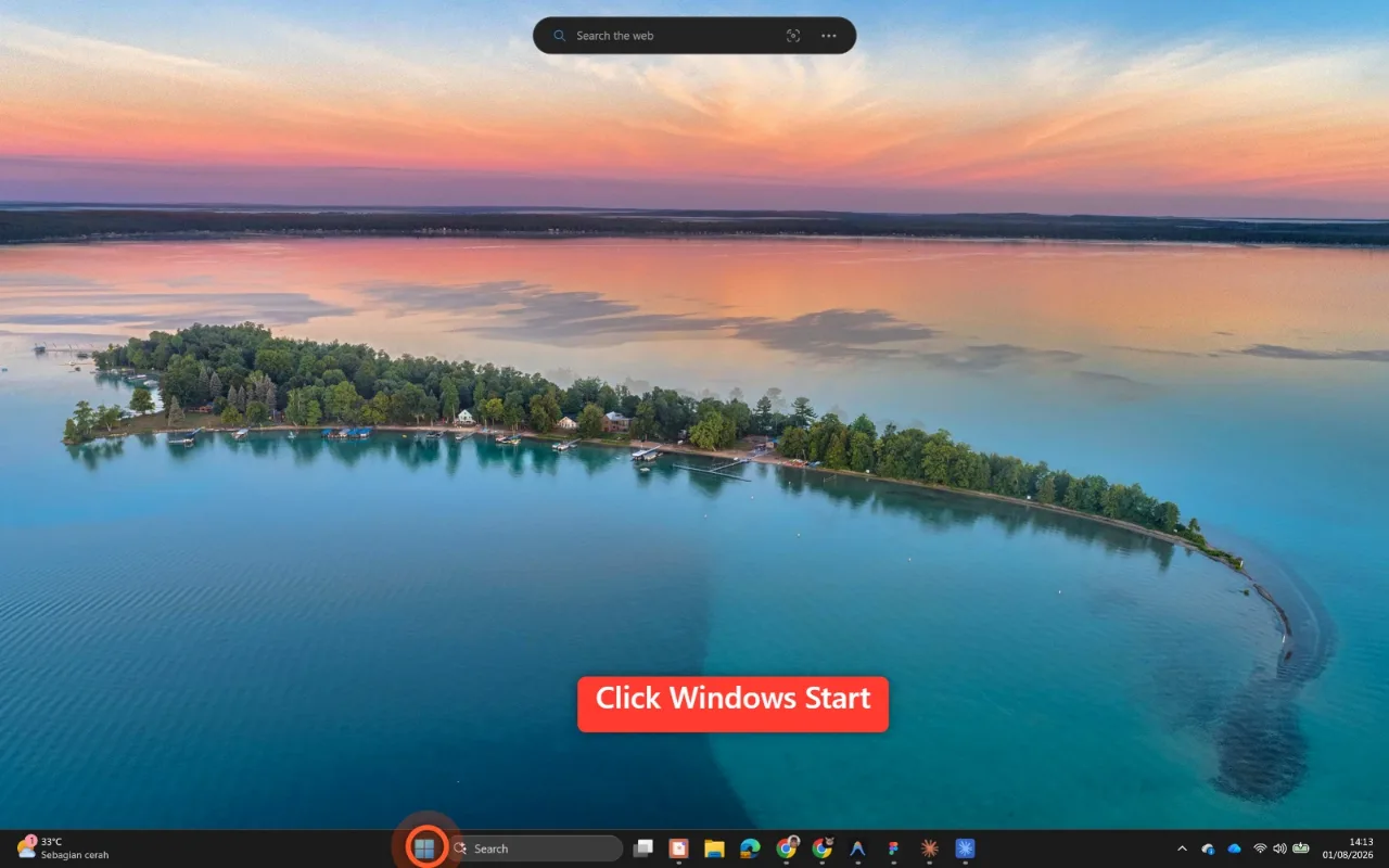 Step 1 — the Windows desktop, with the Start button marked.