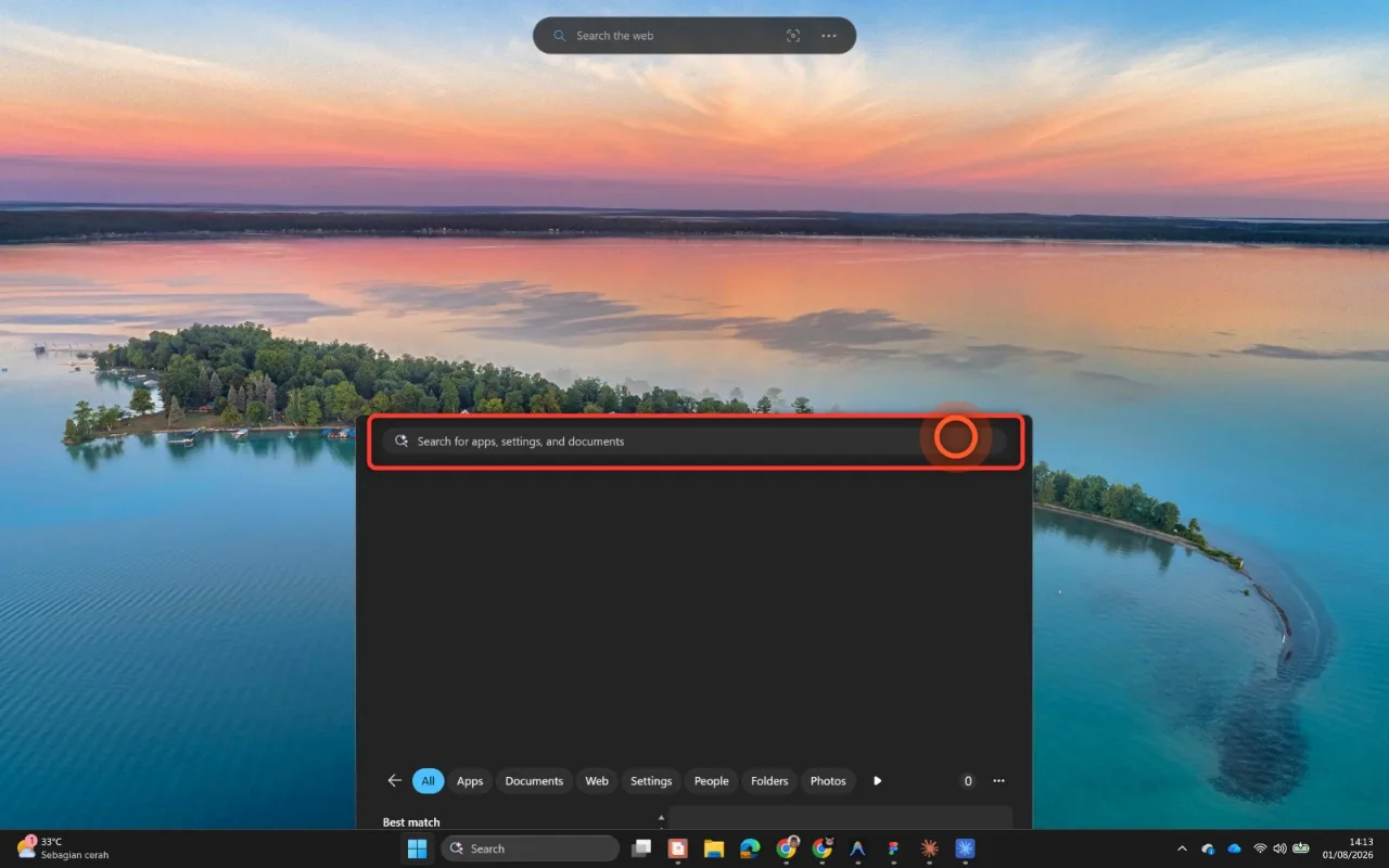 Step 2 — the Start menu search box, outlined and marked.