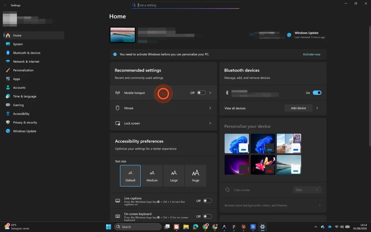 Step 3 — Windows Settings, with Mobile hotspot marked in Recommended settings.