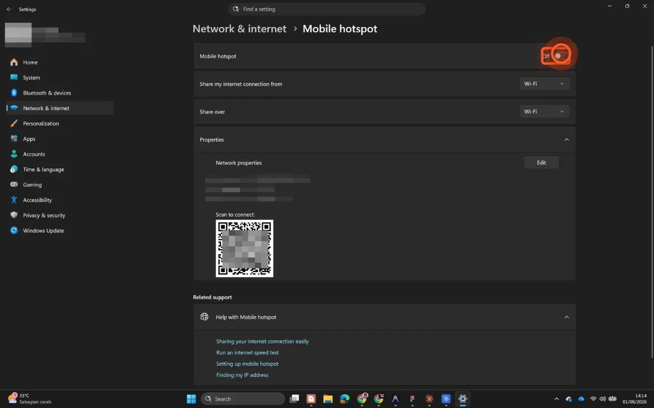Step 4 — the Mobile hotspot page, with the toggle marked.